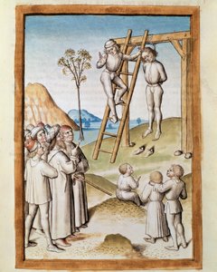 Miniatyyri roikkuu kohtaus otettu saksankielisestä käännöksestä Bidpain "Kalila (Calila) ja Dimna" -taruista. (ms. 1389, fol. 117) noin 1480 Chantilly, museo Conde tekijältä Unknown artist