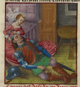 Pienoiskuva Delilasta leikkaamassa Simsonin hiuksia Le Roman de la Rosesta tekijältä Unknown artist