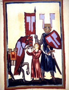 Miniatyyri Codex "Manesse" tai "Manessesche Liederhandschrift", joka on käsikirjoitus, joka tehtiin Alsacessa vuosina 1300-1330 merkittävää Zürichiä varten. Edustus Wolfram von Eschenbachista, saksalaisesta runoilijasta, joka kirjoitti romaanin "Parzival"  tekijältä Unknown artist