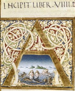 Pienoismalli edustaa sireenejä. Kirjain "" A"" - teoksessa "" Naturalis Historiae"" Plinius Vanhin (23 - 79), toim. 1480. Victoria & Albert -kirjasto tekijältä Unknown artist