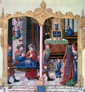 Pyhän Louisin ihmeet: Kuningas Ludvig IX (1214-1270) taisteli halvaantuneena. Miniatyyri käsikirjoituksesta ”Tosiasioiden kirja Monsignor Saint Louis” 1400-luku. Paris, B.N tekijältä Unknown artist