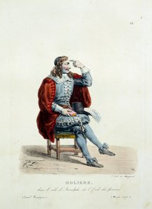 Molieren puku Arnolphen roolissa teoksessa "Naisten koulu" vuonna 1670. Hippolyte Lecomten (1781-1857) ranskalaisen komedian puku. Kaiverrus 1800-luvulta. Coll. Mennään. tekijältä Unknown artist