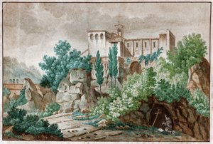 Luostari Italiassa. (akvarelli, noin 1850) tekijältä Unknown artist