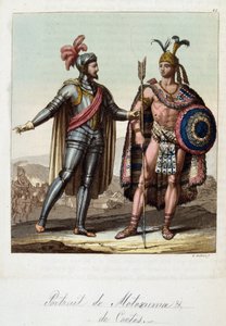 Montezuma II, atsteekkien kuningas ja Hernan (tai Hernando) Cortes tai Fernand Cortez (1485-1547), espanjalainen valloittaja - Ferrarion "" Vanha ja moderni puku" -sarjassa, toim. Milano tekijältä Unknown artist