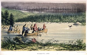 Mosquito Lake Kanadassa: Intiaanit kanootilla järven poikki hyttysverkot päässä - "Exploration of the Labradorin niemimaan", kirjoittaja Hind, Lontoo tekijältä Unknown artist