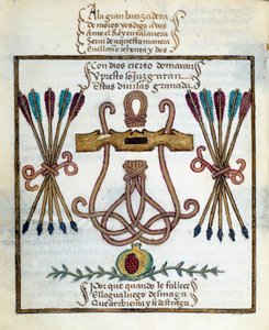 Katolisten kuninkaiden motto. Katolisten kuninkaiden tunnus. Miniatyyri Pedro Marcuellon teoksessa "Devotorio de la Reyna Da Juana, jota he kutsuivat La Locaksi" tekijältä Unknown artist