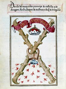 Burgundin herttuoiden motto. Käsikirjoitussivu otettu "Espanjan kuningatar Joan Follen (1479-1555) hartauskokoelmasta"" Pedro Marcuello ("Kuningatar Da Juanan hartaus, jota kutsuttiin hulluksi naiseksi") 1400-luvun Chantilly, Musee Conde tekijältä Unknown artist