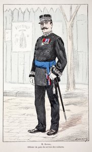 Mr. Roudil, rauhanupseeri autopalvelusta. Etsaus väreillä, havainnollistava "" Rauhanturvaajien joukkojen historia"" -kirja, Louis Lepinen (1846-1933) Seinen poliisin prefektin suojeluksessa, Alfred Rey (1864-?) ja Lo. tekijältä Unknown artist