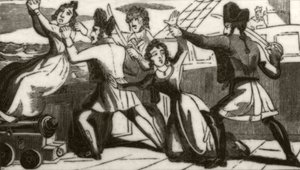 "Rouva Glass ja hänen tyttärensä rukoilevat merirosvoja pelastamaan henkensä", n. 1836 tekijältä Unknown artist