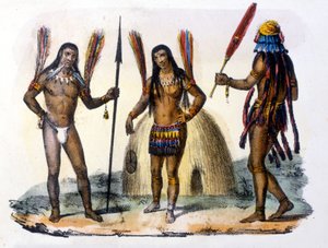 Mundrucu- ja Jivaros-intiaanit Ecuadorissa. Kaiverrus 1846-48. tekijältä Unknown artist