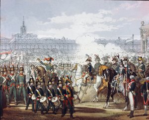 Napoleon Bonaparte (1769-1821) arvostelee miliisin Lombard- ja Cispadan-legioonaa 9.7.1797 akvarellikaiverruksella. Milano, Museo del Risorgimento tekijältä Unknown artist