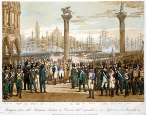 Napoleon I Venetsiassa 29. marraskuuta 1807 Italian laivaston edessä. Kaiverrus vuodelta 1845 tekijältä Unknown artist