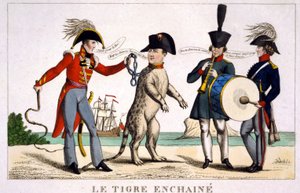Napoleon I kahlitussa tiikerissä, jota piteli brittiläinen upseeri piiskalla. Venäjä ja Itävalta soittavat musiikkia vieressä. Sarjakuva 1815. tekijältä Unknown artist