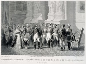 Napoleon uskoo impressin ja hänen poikansa, Rooman kuninkaan, kansalliskaartin käsiin (23. tammikuuta 1814) - "Fasttes de Gardes nationales de France" tekijältä Unknown artist