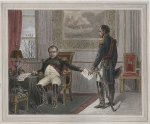 Napoleon allekirjoittaa luopumuksensa 1814 - Napoleon Bonaparte (1769-1821) Fontainebleaussa ensimmäisen luopumisensa aikana, allekirjoitettu huhtikuussa 1814 Kaiverrus "Les Fastes Populaires, ou Histoire des acts heroiques du peuple et de son, les sur sci tekijältä Unknown artist