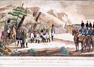 Napoleonin sota: Napoleon I tapaa keisari Francois II:n Austerlitzin taistelun jälkeen 12.2.1805. Kaiverrus 1800-luvulta. tekijältä Unknown artist