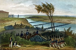 Napoleonin sota: Venäjän kampanja. Niemen-joen (Dnjemen) kulku 24.6.1812, joka erottaa kaksi imperiumia. Kaiverrus 1800-luvulta. tekijältä Unknown artist