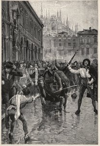 Napoleonin luopuminen kruunusta rohkaisee mellakoihin Milanossa, ja epäsuosittu valtiovarainministeri Giuseppe Prina raahataan kaduille ja lopulta tapetaan väkijoukon toimesta Piazza San Fedelella Milanossa 20. huhtikuuta tekijältä Unknown artist