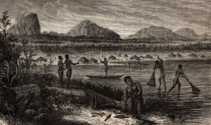 Rovuman (Mosambik) kaihien lähellä kalojen kalastustoiminta. Kaiverrus havainnollistamaan tohtori Livingstonen ensimmäisiä matkoja Etelä-Afrikkaan vuosina 1840-1856 "Le tour du monde, nouveau journal des voyages" -julkaisussa, joka julkaistiin ohjeiden all tekijältä Unknown artist