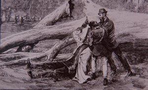 Poliisikonstaapeli Kelly ja rautatiemies Jesse Dowsett vangitsivat Ned Kellyn, 28. kesäkuuta 1880 (kaiverrus) tekijältä Unknown artist