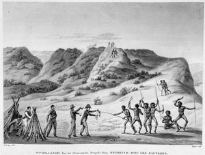 New Holland, Bay of Marine Dogs, Peronin niemimaa: haastattelu intiaanien kanssa (aboriginaalien ja uudisasukkaiden kohtaaminen) - kaiverrus, deb. 1800-luvulla tekijältä Unknown artist