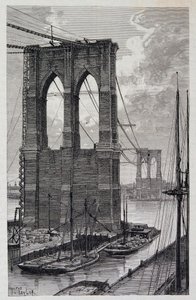 New York: Brooklyn Bridge -paalut rakenteilla - elokuvassa "The World Tour", 2. lukukausi 1881 tekijältä Unknown artist