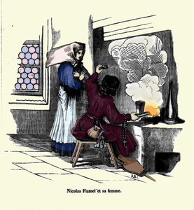Nicolas Flamel (1330 - 1418) vaimonsa kanssa. tekijältä Unknown artist