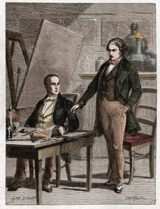 Niepce lukee Louis Daguerrelle Heliografian kuvauksen, kuvien kiinnittämiseksi camera obscurasta - Nicephore Niepce (1765-1833), ranskalainen keksijä, valokuvauksen pioneeri luki Daguerrelle kuvauksen menetelmästään i-kiinnitysmenetelmästä. tekijältä Unknown artist