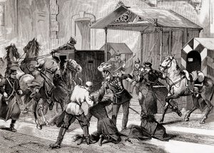 Nihilismi Venäjällä - Salamurhayritys Aide de Campia, kenraali Loris Melikoffia (Loris-Melikoff) vastaan, hänen hotellinsa oven ulkopuolella Suuressa Moskaiassa vuonna 1880 - Venäjän nihilistiliike 1800-luvulla: salamurhayritys kreivi L:tä vastaan tekijältä Unknown artist