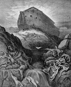 Nooa lähettää kyyhkysen maan päälle Genesiksen mukaan. 1800-luvun kaiverrus. tekijältä Unknown artist