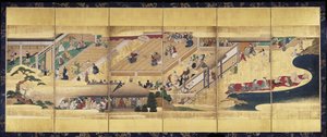 Noh Play: Funa Benkei (muste, värit ja kulta paperille, kuuden paneelin näyttö) tekijältä Unknown artist