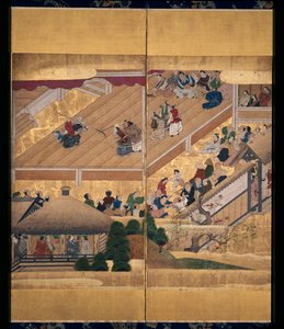 Noh Play: Funa Benkei (muste, värit ja kulta paperille, kuuden paneelin näyttö) tekijältä Unknown artist