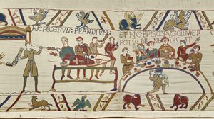 Normanin palvelijat valmistavat juhlat Williamille ja piispa Odo siunaa aterian, Bayeux Tapestry (villakirjonta pellavalle) tekijältä Unknown artist