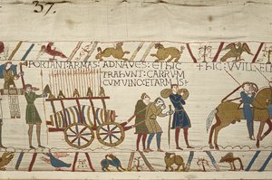 Normanit vetämässä kärryä, jossa on viiniä ja käsivarret, Bayeux Tapestry (villakirjonta pellavalle) tekijältä Unknown artist