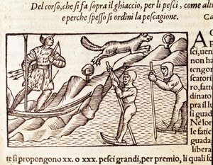 Norjalaiset metsästäjät liikkuvat suksilla. kaiverrus Olaus Magnus (1490 - 1557), ruotsalainen uskonnollinen ja maantieteilijä, "Historia de Gentis Septentrionalibus", Venetsia tekijältä Unknown artist