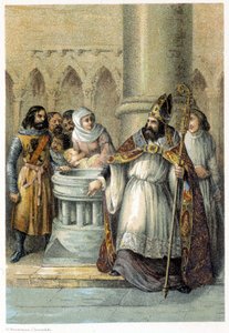 Notger (930 - 1008), Liegen eveque Saksan kuninkaan Otton III:n (980-1002) kasteen aikana. 1800-luvun kromolitografia. tekijältä Unknown artist