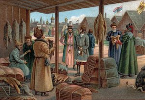 Vanhat ostoskeskukset: Turkismessut Novgorodissa (Veliky Novgorod), Venäjä 1800-luvulla. 1800-luvun lopun kromolitografia tekijältä Unknown artist