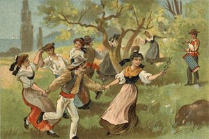 Provencen alueella vietetty vanha tapa: silkkiäistoukkien sadonkorjuujuhlien farandoli. 1800-luvun lopun kromolitografia. tekijältä Unknown artist
