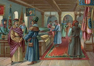 Vanhat ostoskeskukset: pellavahalli Bruggessa, Belgiassa 1400-luvulla. 1800-luvun lopun kromolitografia tekijältä Unknown artist