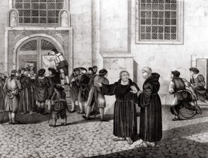 31.10.1517 Luther julkaisi Wittenbergin linnan porteille 95 teesiään "", jotka tuomitsivat ammojen myynnin ja jotka merkitsivät uskonpuhdistuksen alkua - grav. tekijältä Unknown artist
