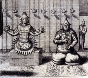 Vasemmalla hindujumalalla on kahdeksan käsivartta, oikealla Amida, japanilainen Buddha. Athanasius Kircherin (1601 - 1680), jesuiitta, orientalisti ja saksalainen tutkija, "De China Monumenta", Amsterdam 1667. tekijältä Unknown artist