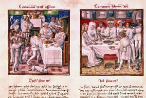Vasemmalla Assueruksen 1. juhla (Xerxes 1.). Oikealla Jobin lasten juhla. Miniatyyri käsikirjoituksesta "" Le Miroir de l