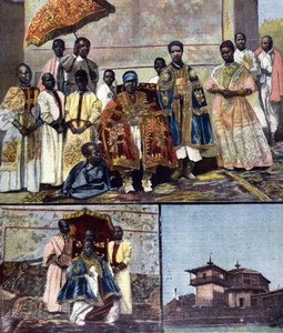 Päällä on Etiopian Impress Taitou, Menelik II:n vaimo ja hänen jatko-osa. Vasemmalla on hänen tyttärensä, tuleva kuningatar Zaouditou (1876 - 1930). Oikealla keisarillinen palatsi Ghebi Addis Abebassa. Ill. 1800-luvun lopun lehdistölle. tekijältä Unknown artist