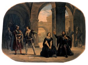 Giuseppe Verdin säveltämä oopperalava "I vespri siciliani" (Sisilialainen vespers). kromolitografia 1800-luvun lopulta. tekijältä Unknown artist