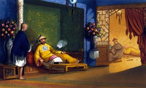Oopiumfumery Kiinassa, kaiverrus noin 1830. tekijältä Unknown artist