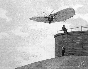 Otto Lilienthal (1848-1896), saksalainen ilmailun pioneeri, hyppäämässä puisesta tornistaan lentävällä lentokoneella (pikakuvasta). Kaiverrus "" La Nature: revue des sciences et de leurs applications aux arts et a l