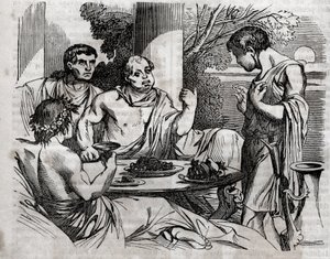 Juhlajuhla ulkona - Vitellius (Aulus Vitellius Germanicus Imperator Augustus) Rooman keisari (15-69) pitämään juhlaa - kaiverrus kirjaan "Universal Health - Medical Guide for Families" 1852 tekijältä Unknown artist