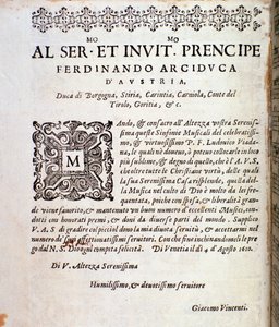 Itävallan Ferdinandille vihkiytymissivu Ludovico Viadanan sinfonioiden partituurissa tekijältä Unknown artist