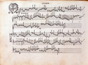 Sivu: Ottaviano Petruccin musiikillinen partituuri Harmonice Musices Odhecaton (1501) tekijältä Unknown artist