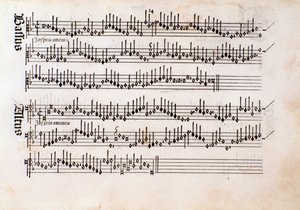Sivu: Ottaviano Petruccin musiikillinen partituuri Harmonice Musices Odhecaton (1501) tekijältä Unknown artist